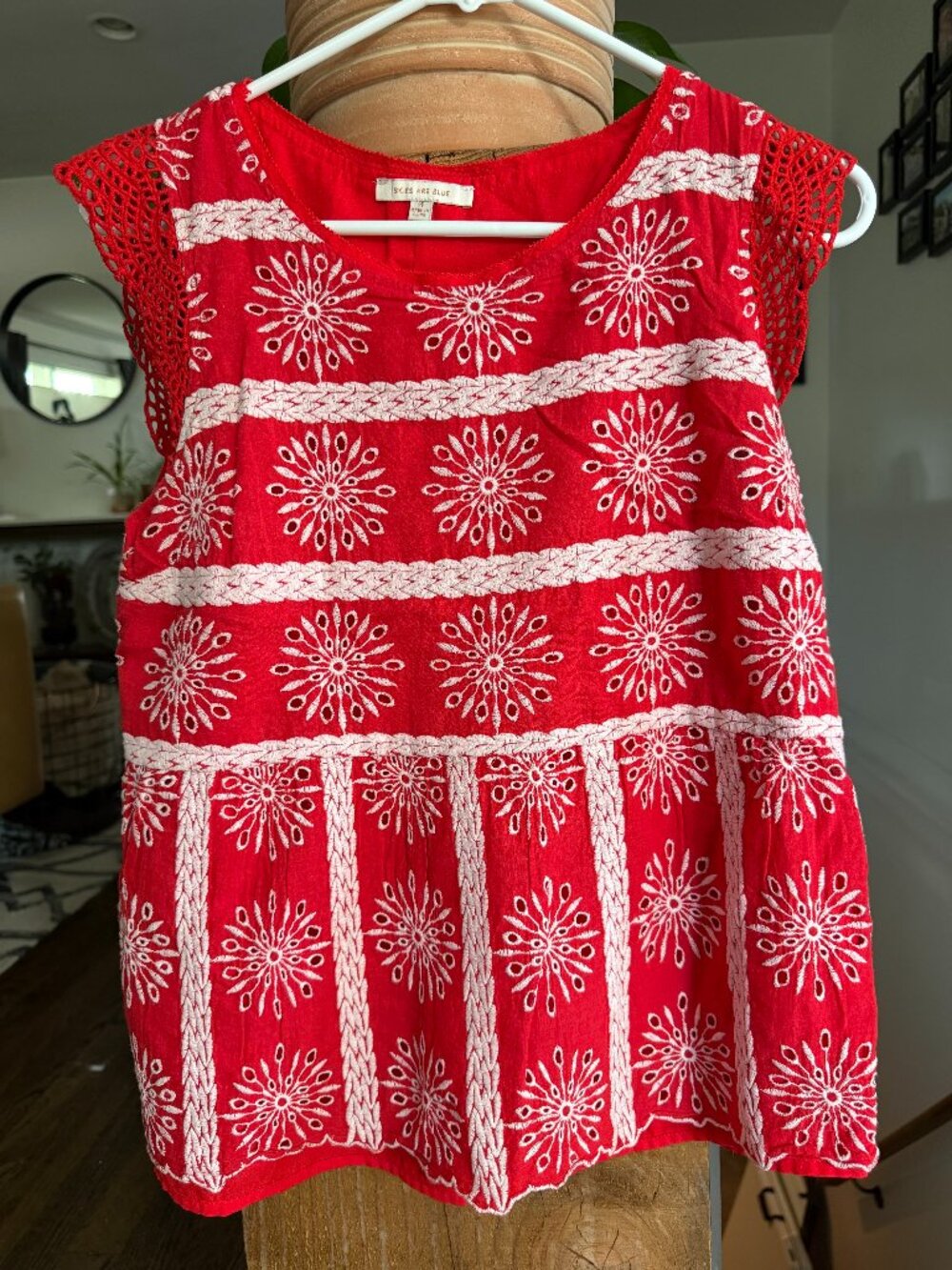 Red Skies are Blue Embroidered Top Size M
